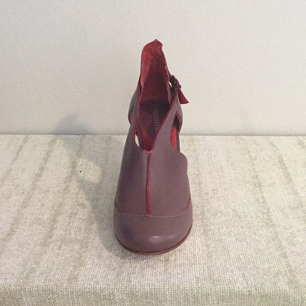Diesel Purple Leather T-Strap High Heels with Red Accents